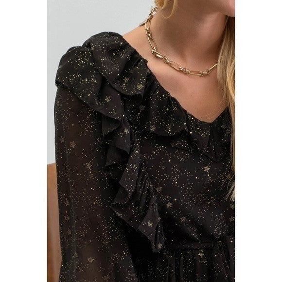 BY THE RIVER Chiffon Midi Dress Ruffled Black Gold Stars Party Glam Star Small