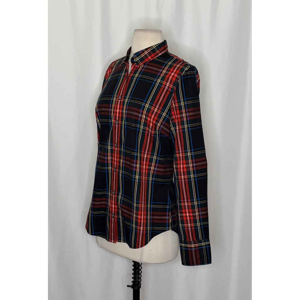 J. CREW Slim Stretch Perfect Shirt Top Black Stewart Tartan Plaid Buttons Size 4