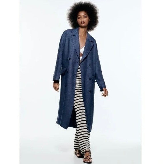 ZARA Limited Edition Linen Coat Buttons Pockets Double Breasted Blue X-Small