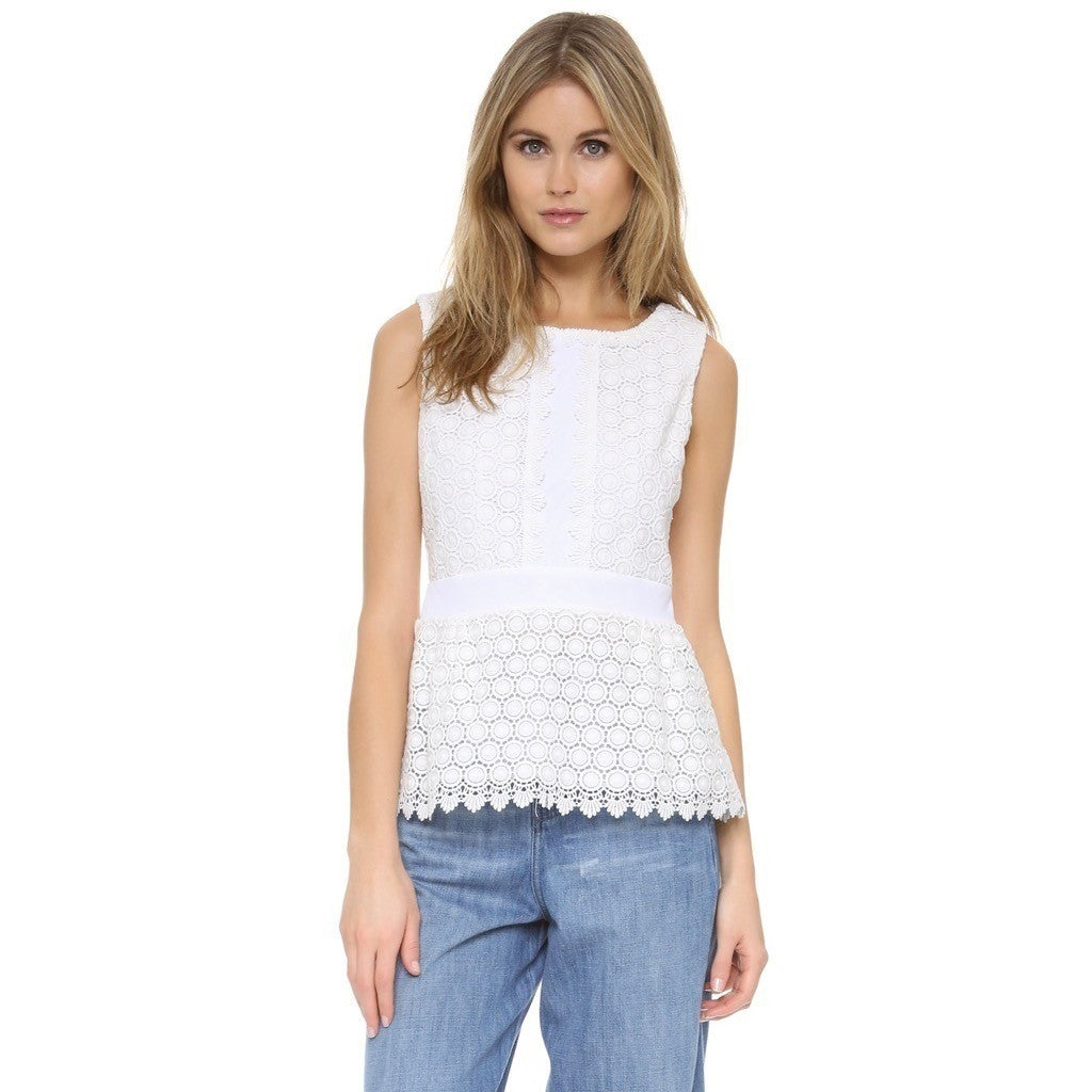 DVF DIANE VON FURSTENBERG Tavita Lace Peplum Top Blouse Solid White Size 4