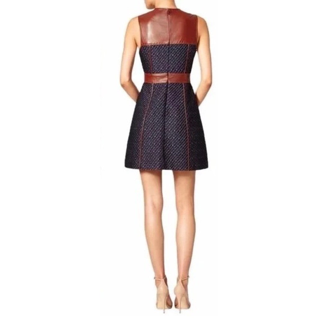 THEORY Calvino Mixed Media Tweed Lamb Leather Dress Brown Blue Fit and Flare 6
