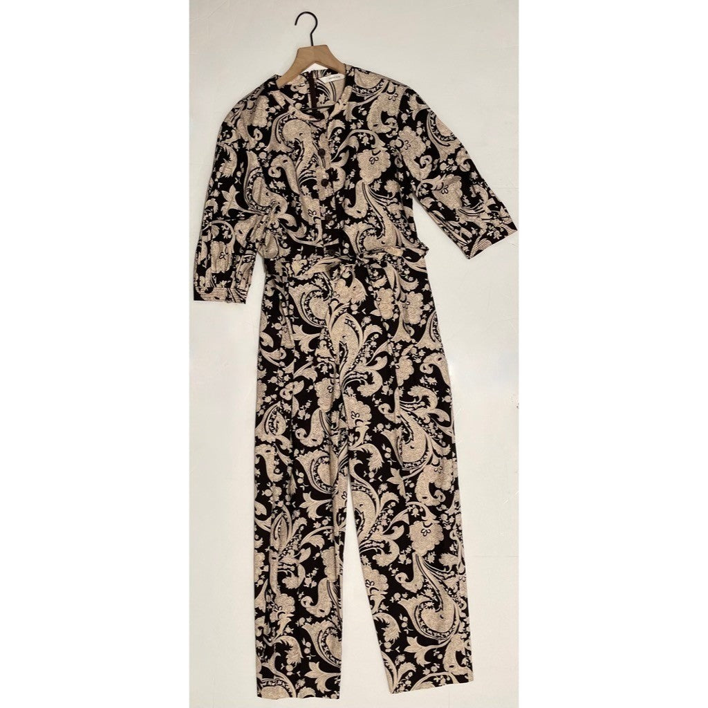 REBECCA TAYLOR Paisley Jumpsuit Scroll Paisley Espresso Belted Brown Medium