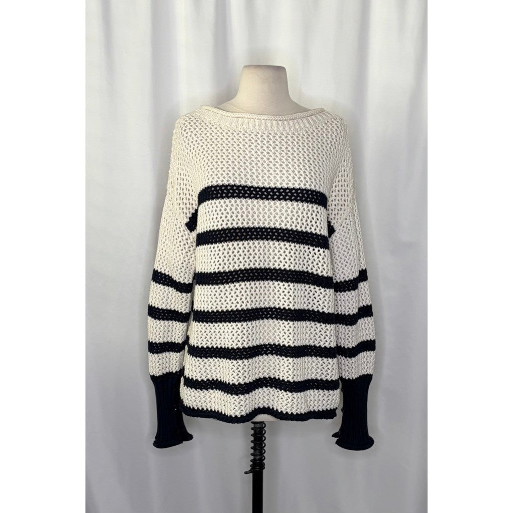 NWT!! ZARA Navy Ivory Striped Pullover Sweater Open Knit Nautical X-Small Small