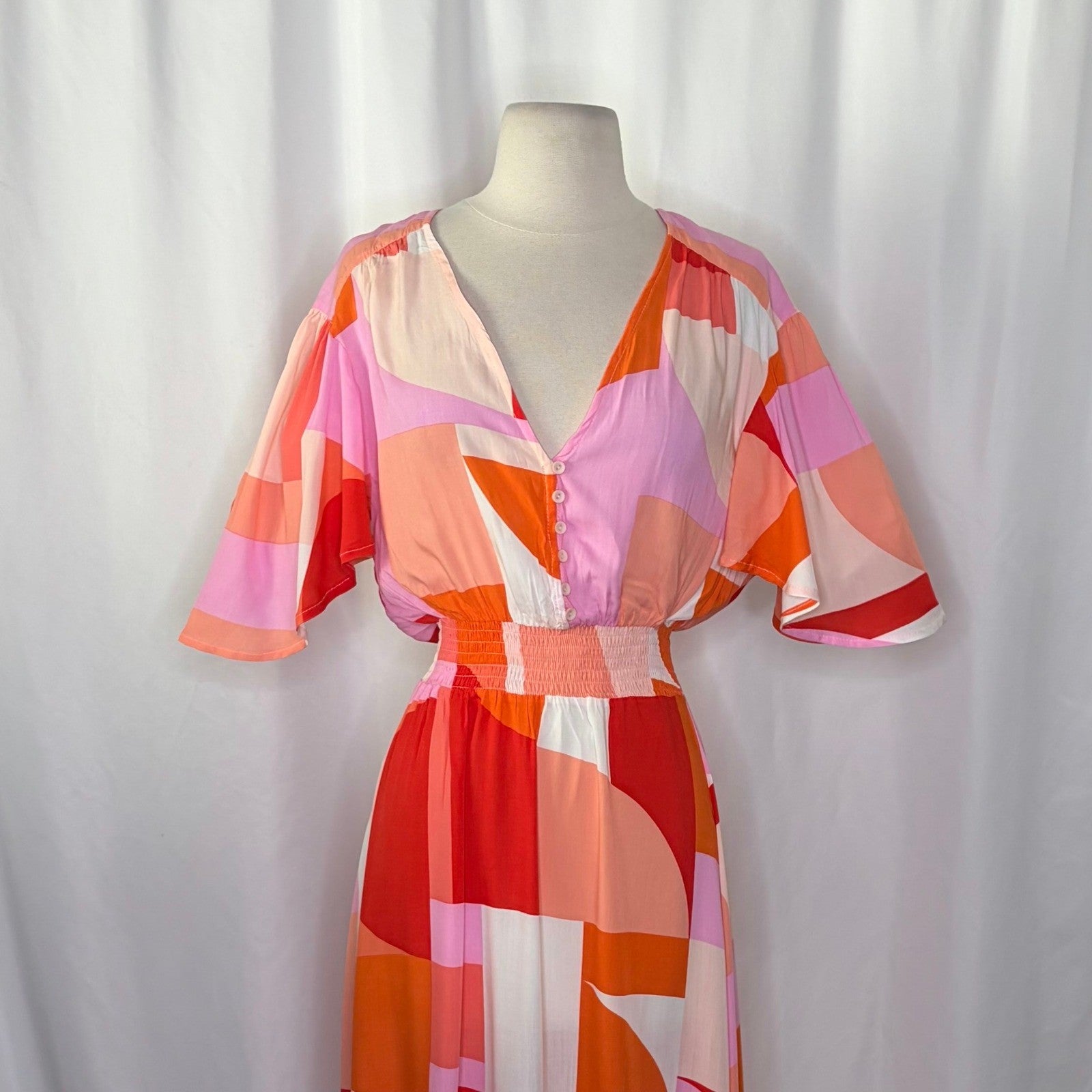 NWT! ATL ABEL THE LABEL Nova Maxi Dress High Low Pink Colorblock Abstract Medium