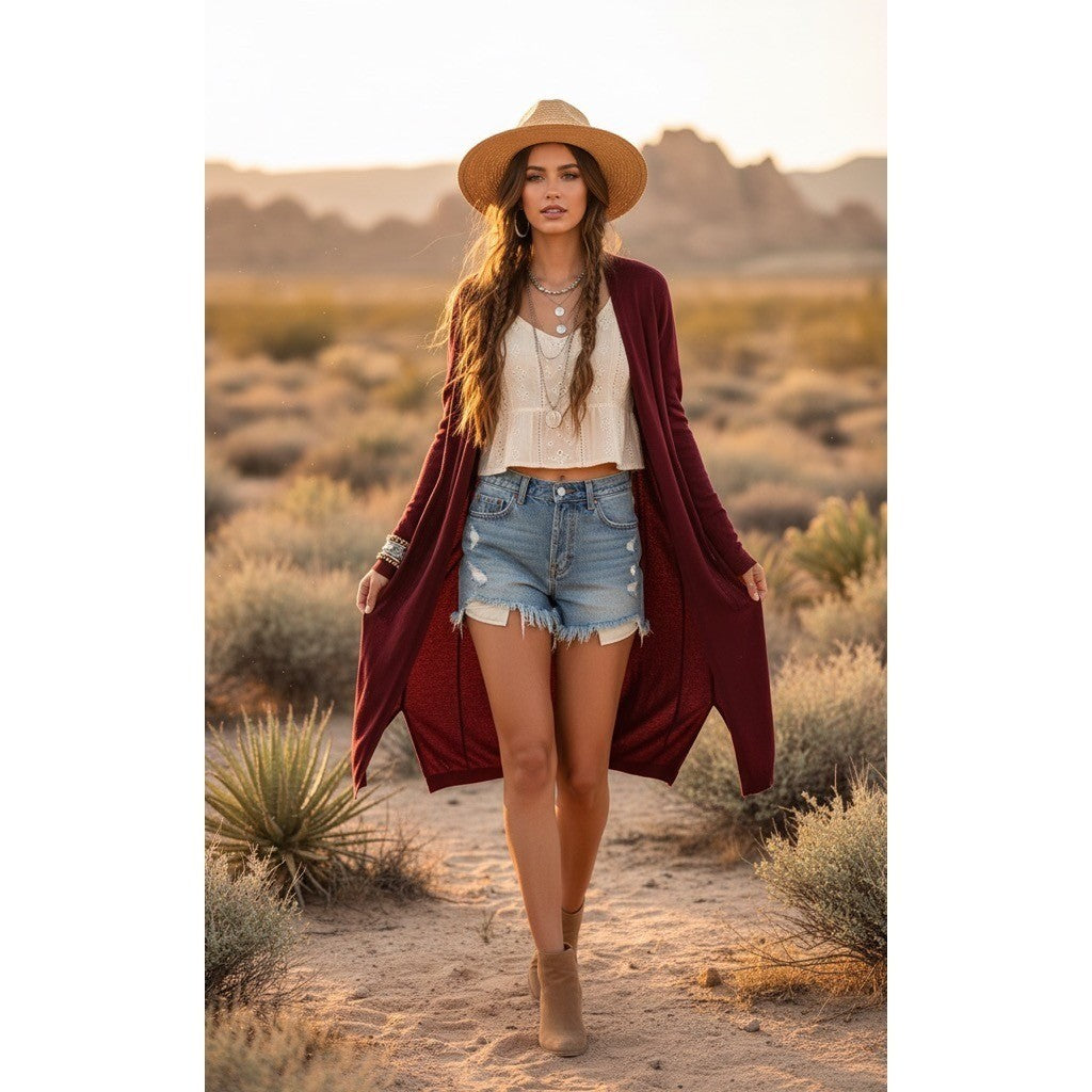 By ANTHROPOLOGIE Pointelle Long Cardigan Sweater Purple Burgundy Cottage Medium