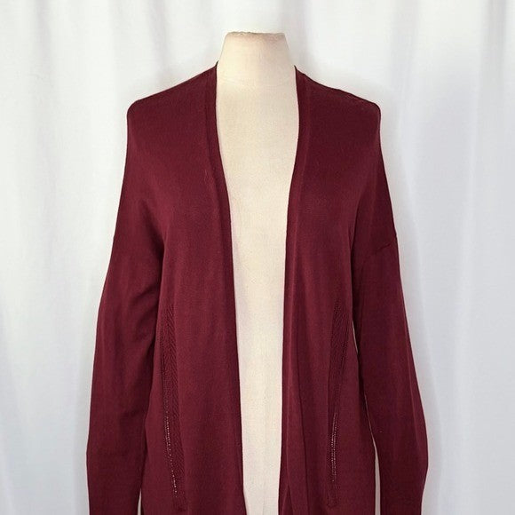 By ANTHROPOLOGIE Pointelle Long Cardigan Sweater Purple Burgundy Cottage Medium
