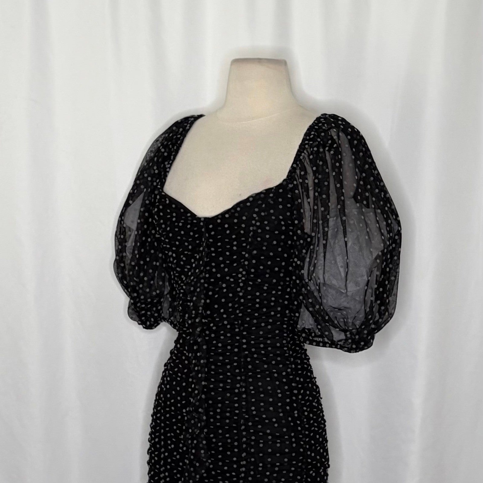 ZARA Chiffon Black Polka Dot Ruched Mini Dress Black Gray Party Blogger Small
