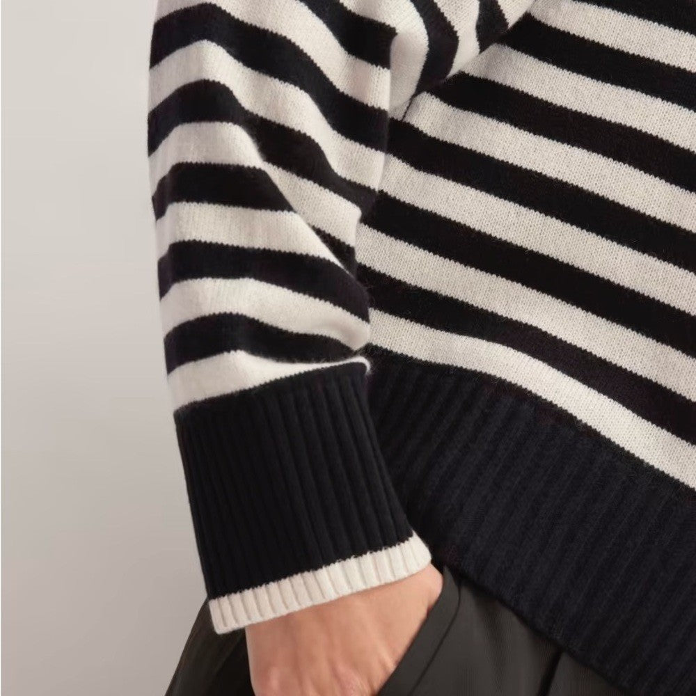 EVERLANE The Boxy Crew in Cashmere Black White Striped Pullover Sweater Small