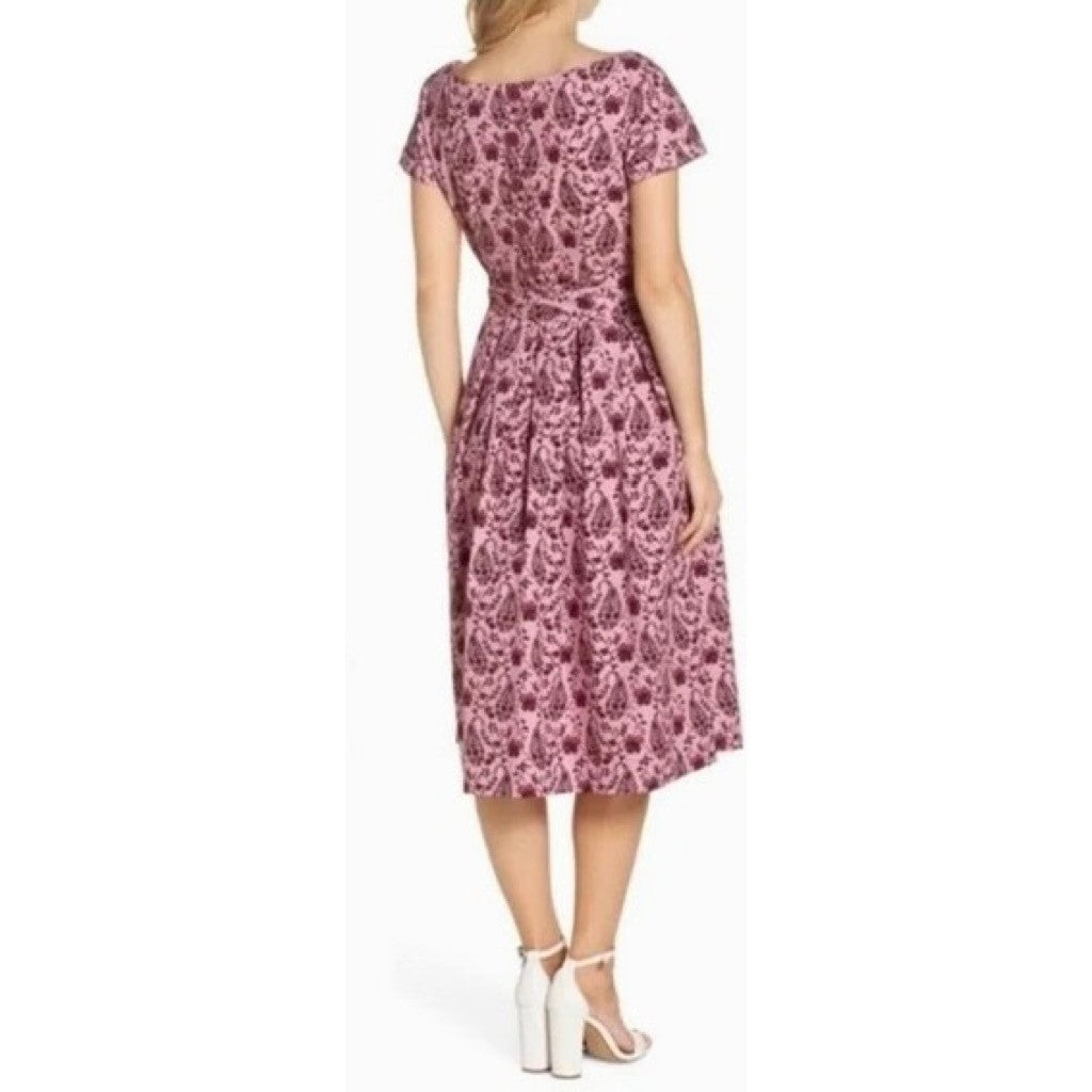 GAL MEETS GLAM Hallie Dress Paisley Floral Pink Purple Box Pleats Pockets Size 8