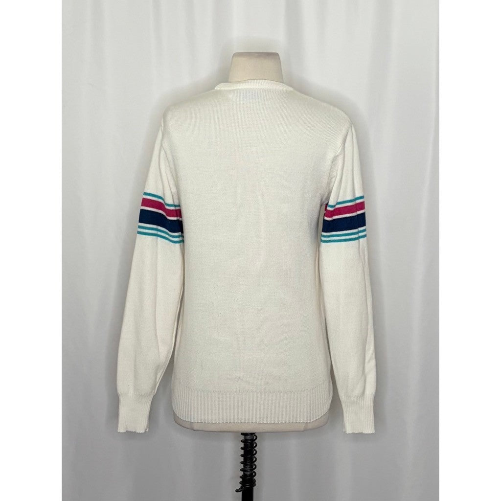 Vintage MEISTER White Stripe Sleeves Sweater Pullover Knit Sporty Outdoors Small