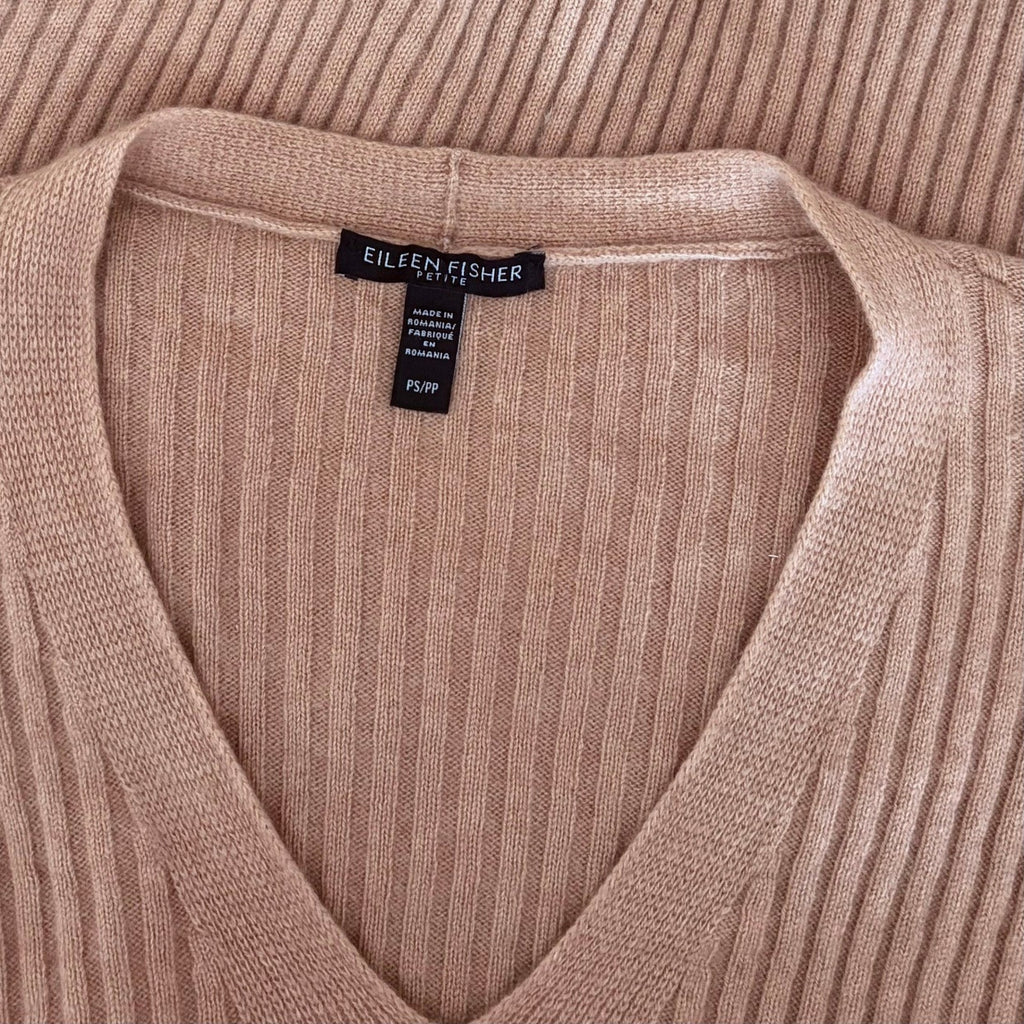 EILEEN FISHER Rose 100% Cashmere Ribbed Knit Jumper Sweater V-Neck Small Petite