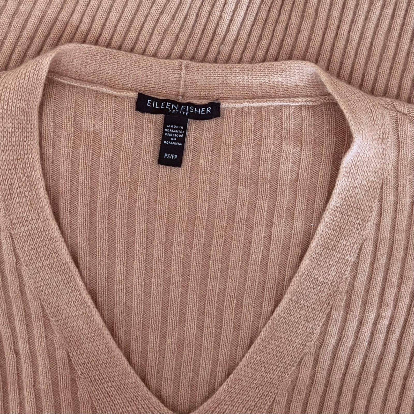 EILEEN FISHER Rose 100% Cashmere Ribbed Knit Jumper Sweater V-Neck Small Petite