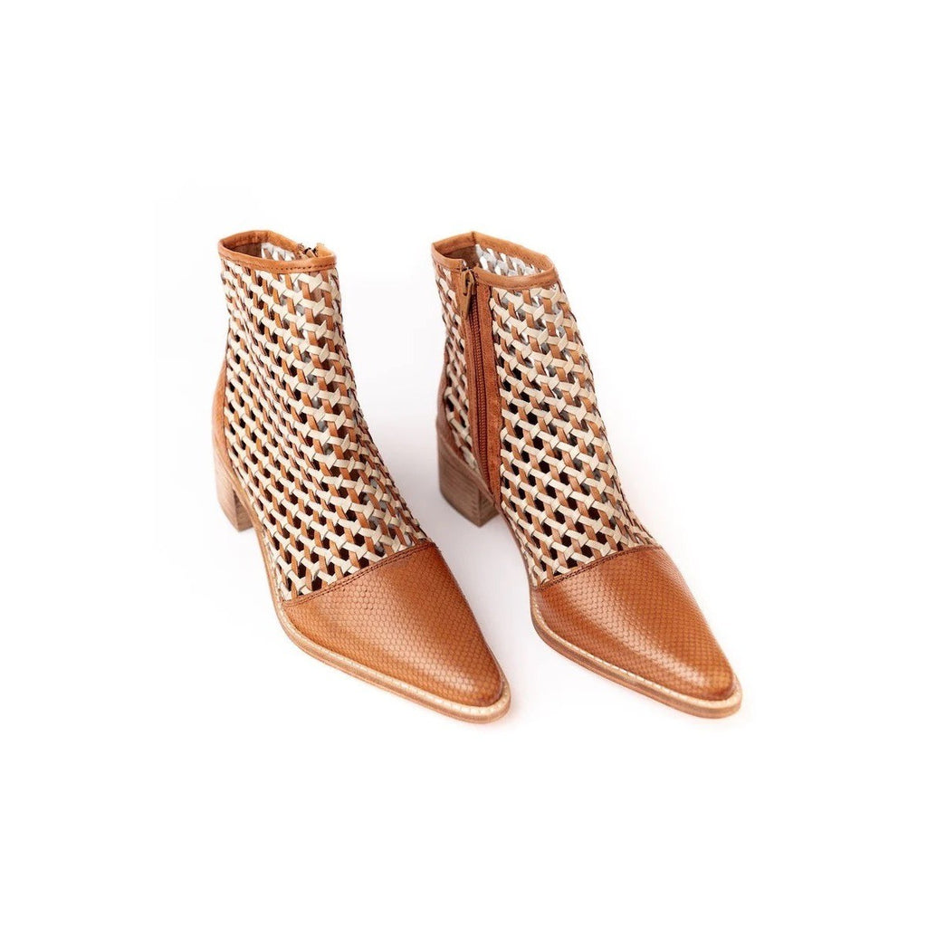 ROOLEE Opening Night Woven Ankle Boots Brown Point Toes Western Southwestern 7
