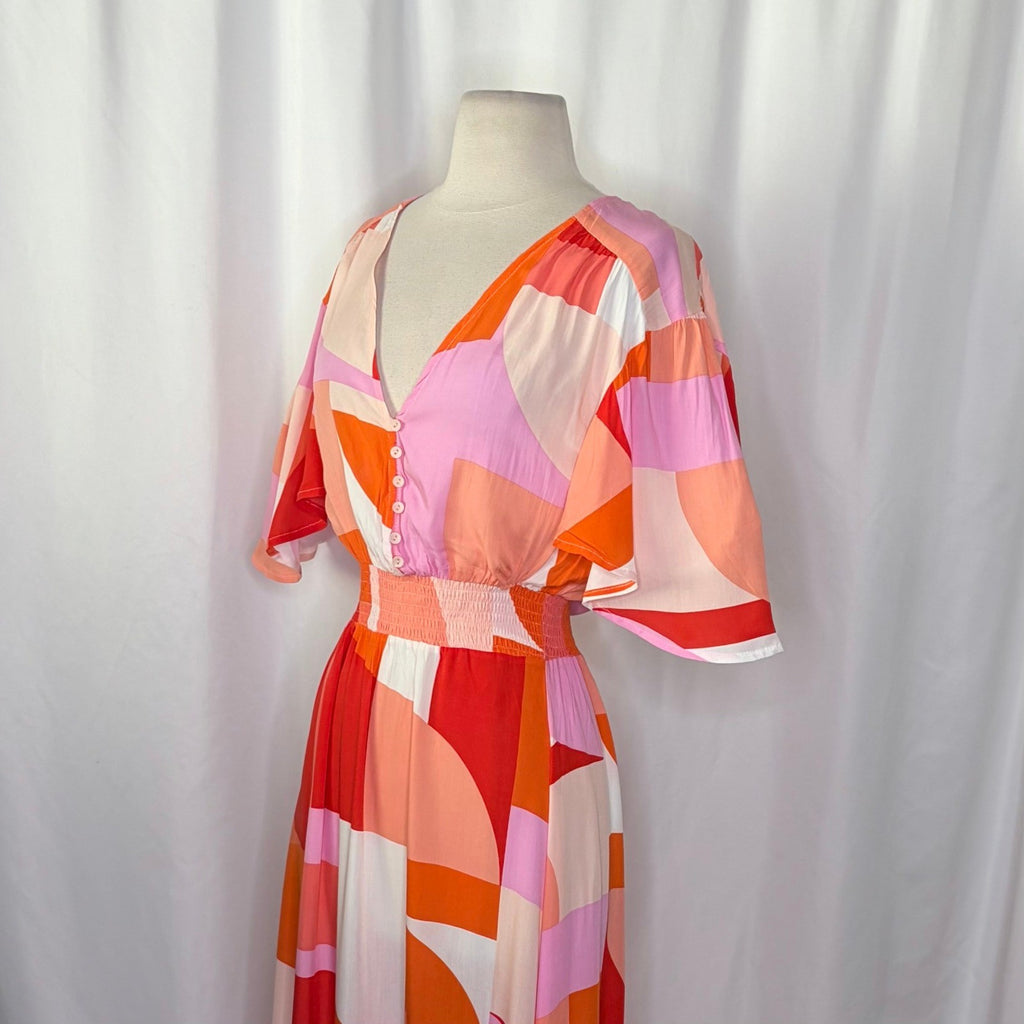 NWT! ATL ABEL THE LABEL Nova Maxi Dress High Low Pink Colorblock Abstract Medium