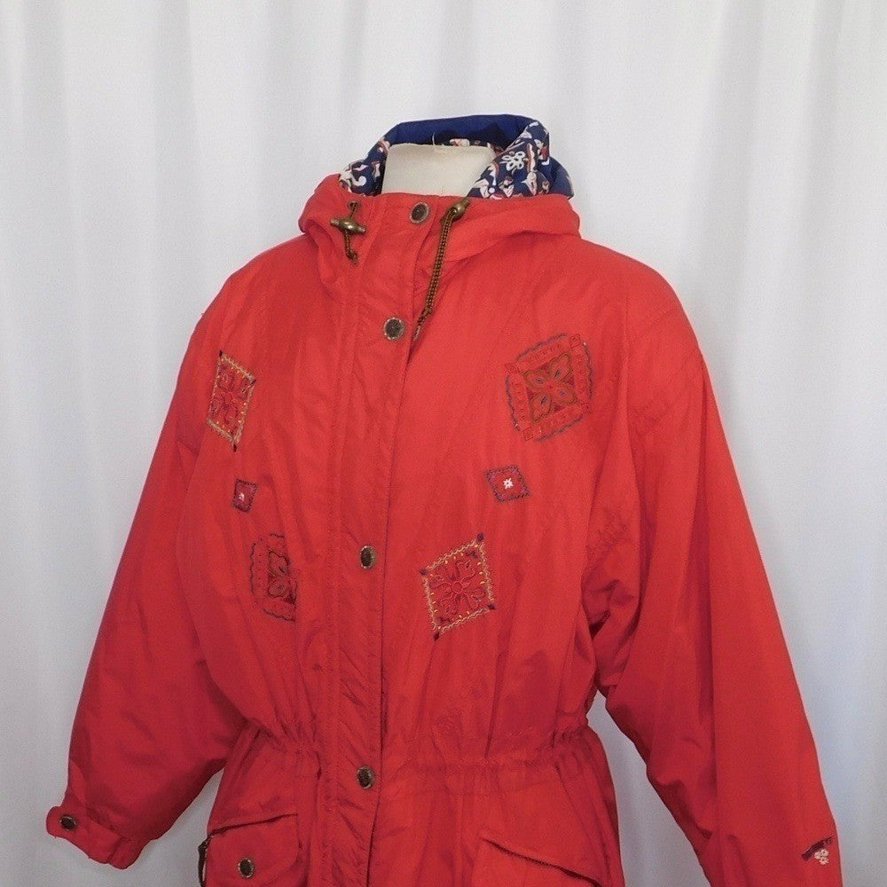 Vintage OBERMEYER Women's Embroidered Hooded Legend Coat Jacket Red Blue Size 10