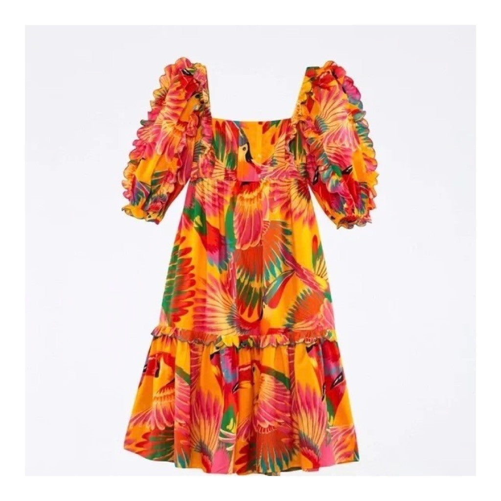 FARM RIO Colorful Toucans Scallops Midi Dress Birds Vacation Embroidered X-Large