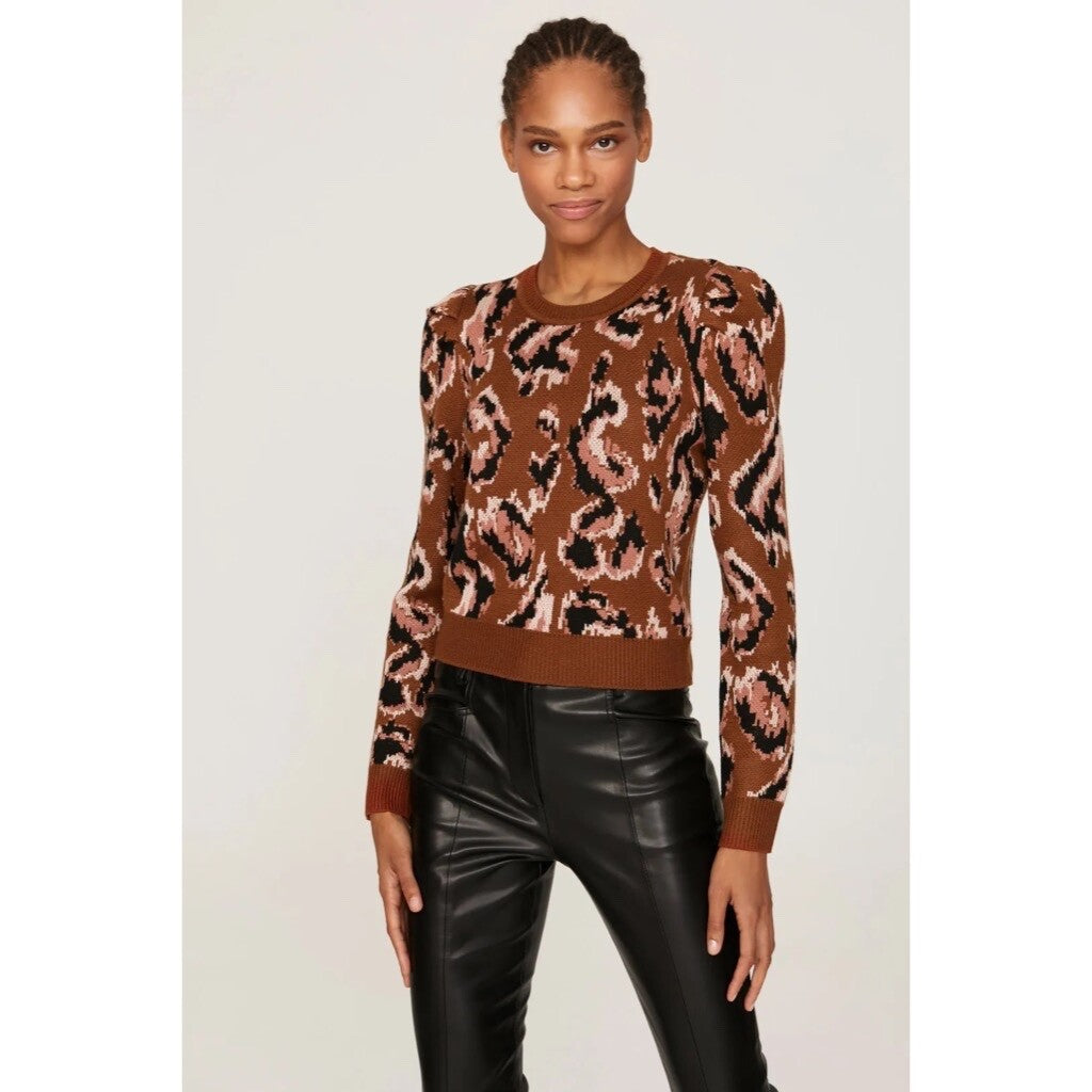 DEREK LAM Collective Brown Animal Print Sweater Leopard Puff Sleeves Large