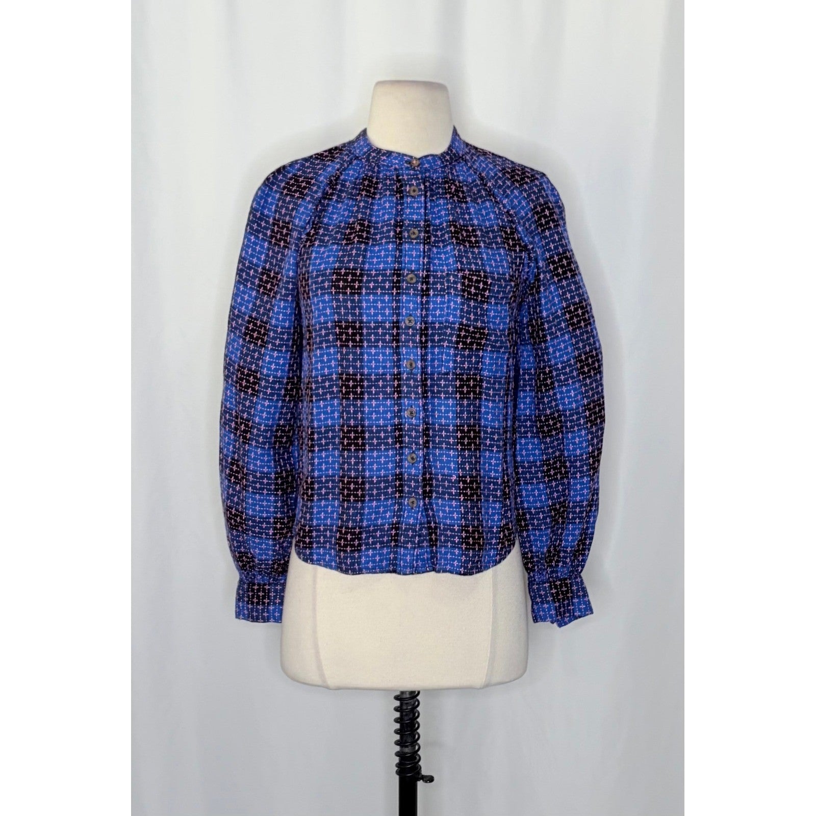 Anthropologie PILCRO Embroidered Plaid Buttondown Blue Pink Plaid Pocket X-Small