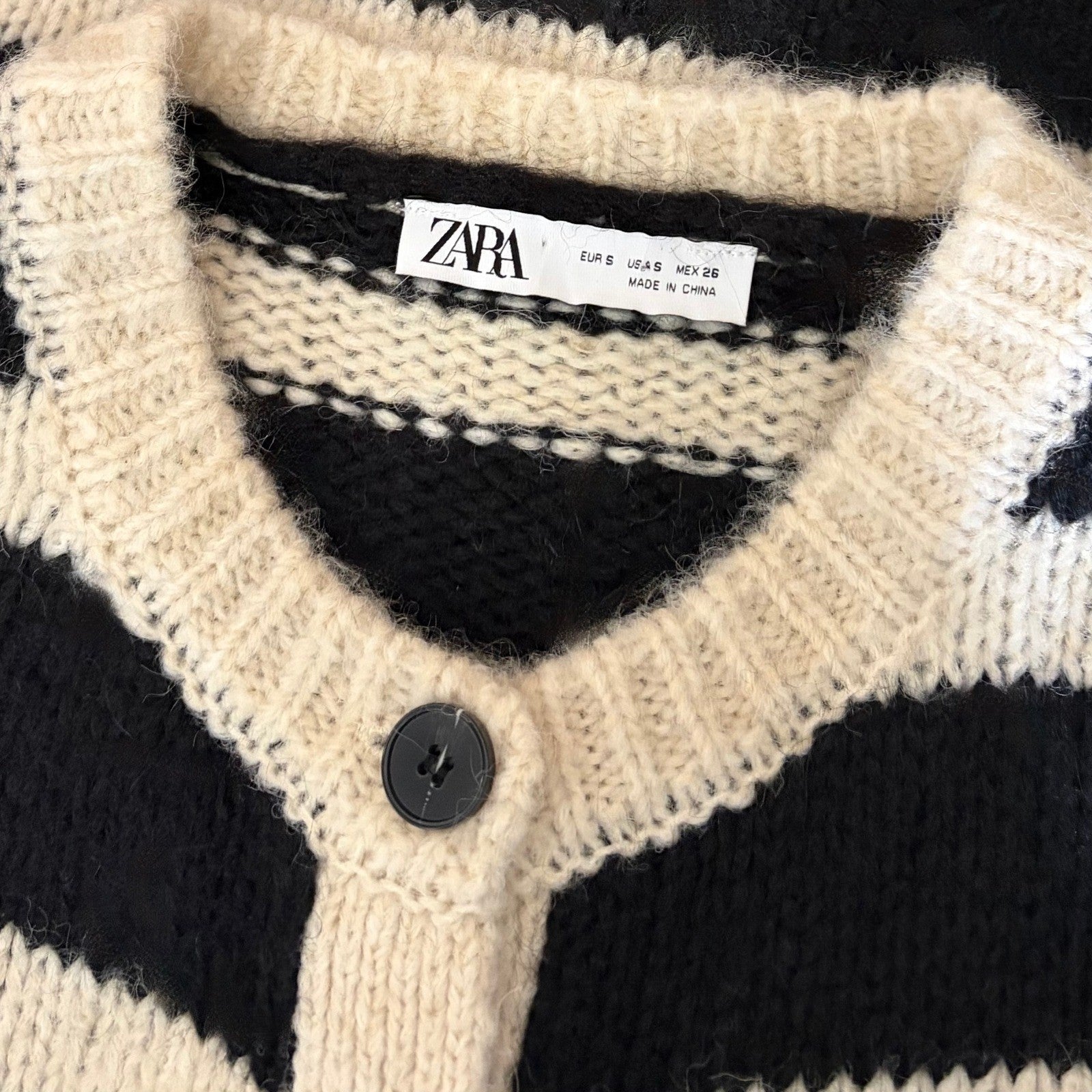 ZARA Long Striped Cardigan Sweater Black Ivory Striped Wool Alpaca Knit Small