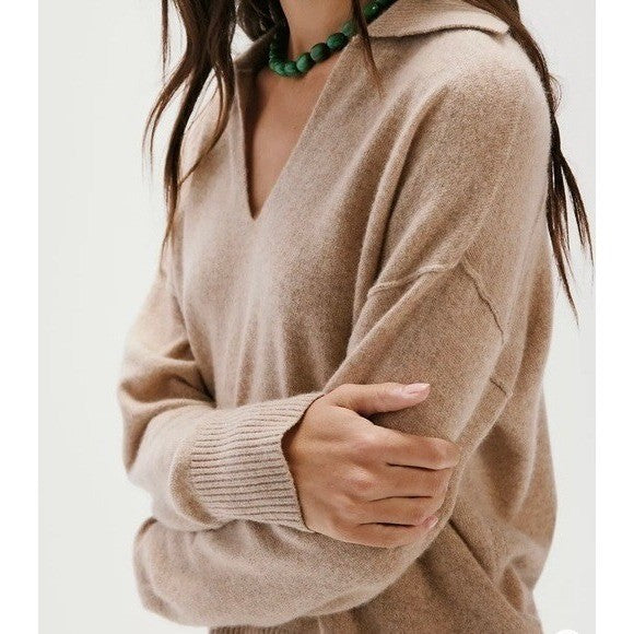 NWT!! FREE PEOPLE Eloura Cashmere Henley Sweater Solid Light Brown Tan X-Large