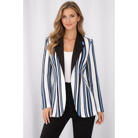 Exclusively MISOOK Striped Knit Blazer Cardigan Blue Black White Knitwear Small