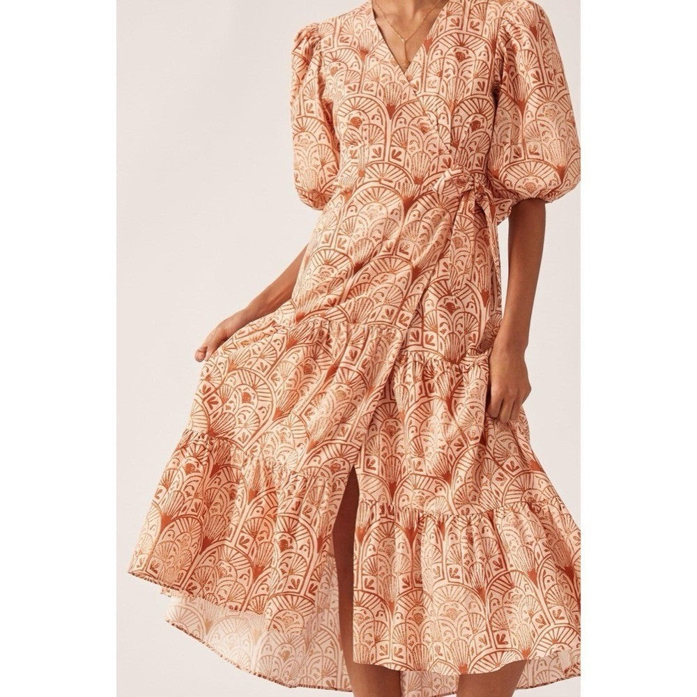 NWT!! Anthropologie HUTCH V-Neck Tiered Wrap Dress Geometric Blockprint Large
