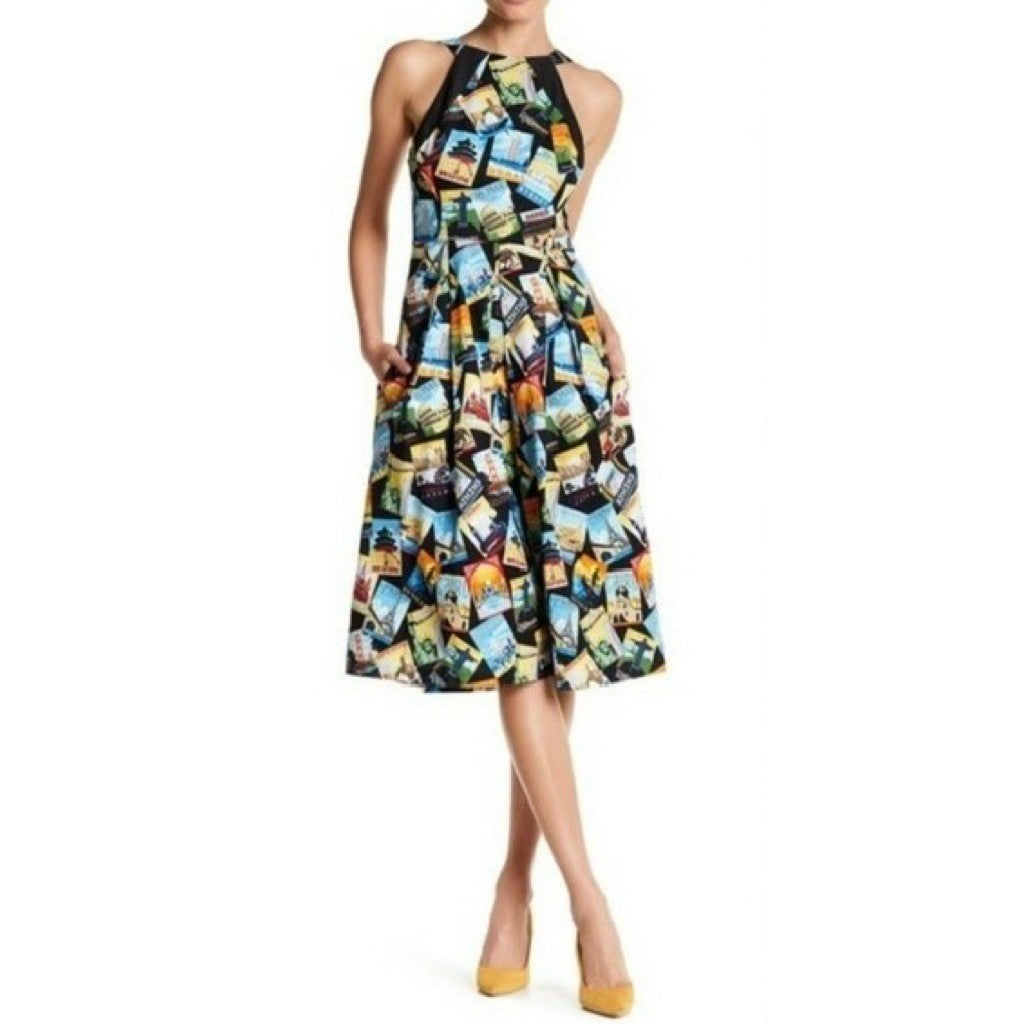 EVA FRANCO Travel Poster Jenna Dress Midi Halter Neck Colorful Pleated Pockets 6