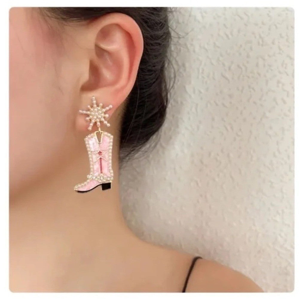 NEW Pink Cowgirl Boots Pearl Embellished Rhinestone Western Bling Glam Earrings
