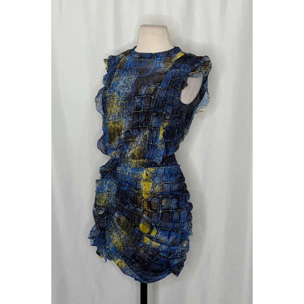 ALL SAINTS Hali Mirus Mini Dress Snakeskin Yellow Blue Ruffled Allsaints Size 4