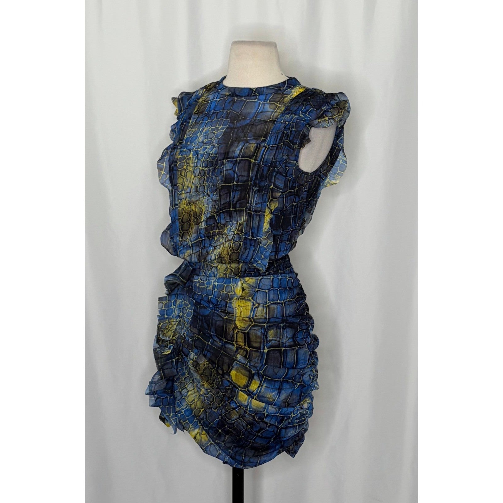 ALL SAINTS Hali Mirus Mini Dress Snakeskin Yellow Blue Ruffled Allsaints Size 4