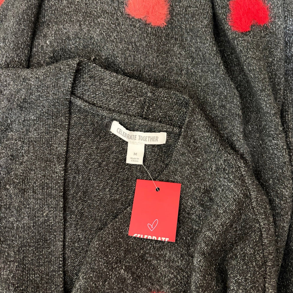 NWT!! CELEBRATE TOGETHER Heart Cardigan Sweater Grey Pink Red Hearts Large