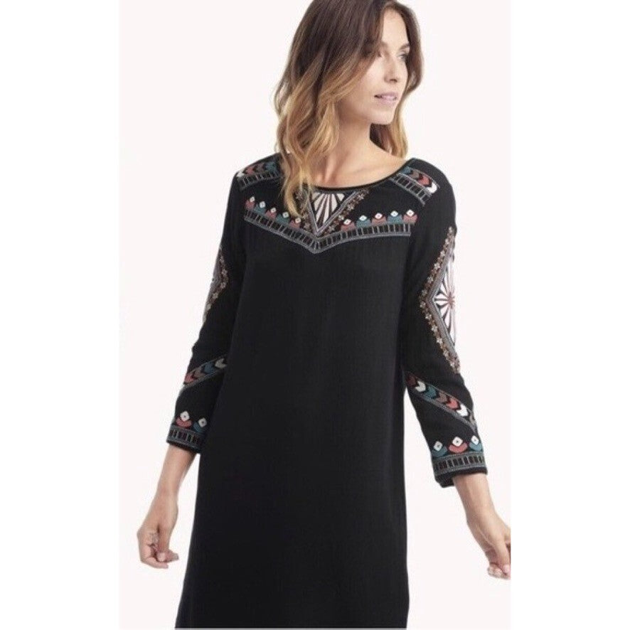 ELLA MOSS Embroidered Joss Shift Dress Retro Black Metallic Boho X-Small