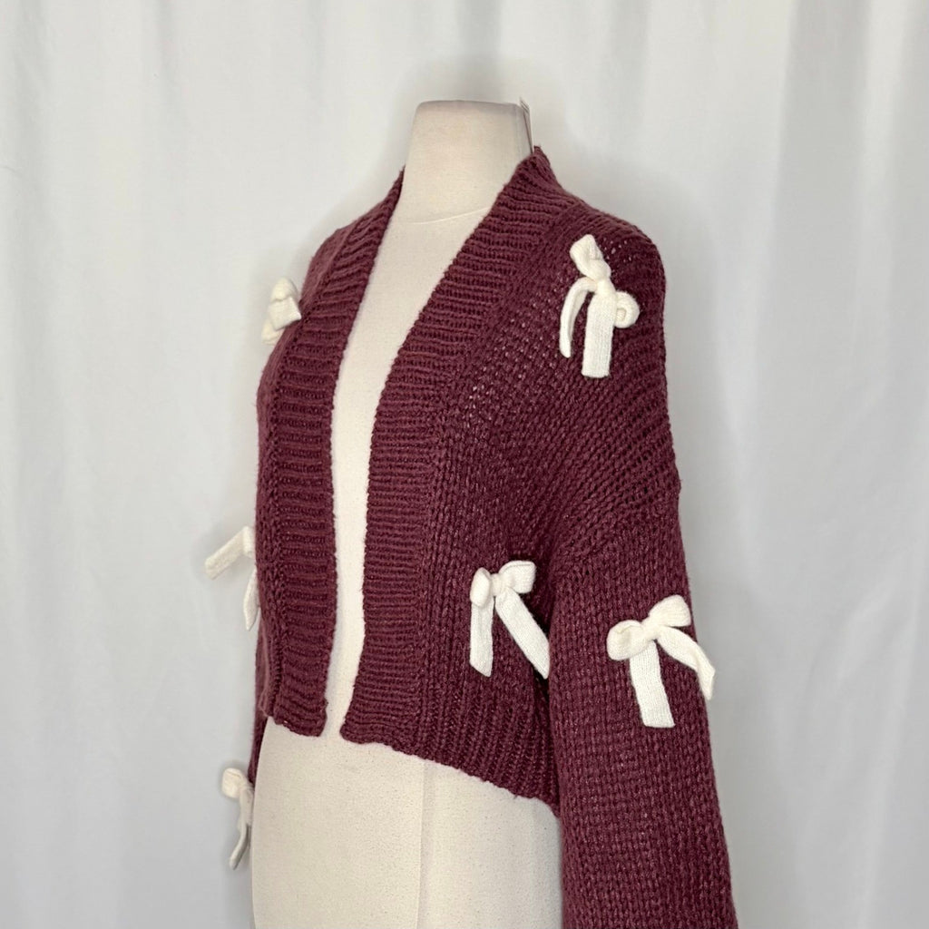NWT!! Anthropologie MAEVE The Alicia 3D Bow Cropped Cardigan Dark Wine One Size