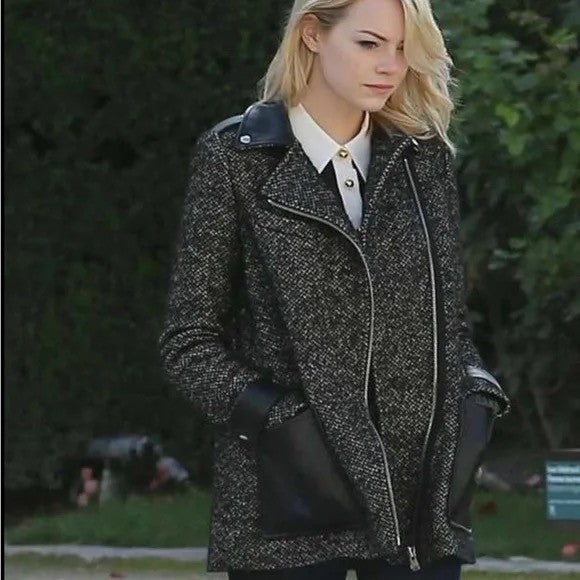 MAJE Ribiera Leather Tweed Coat Moto Inspired Pockets Zipper Size 38 US Medium