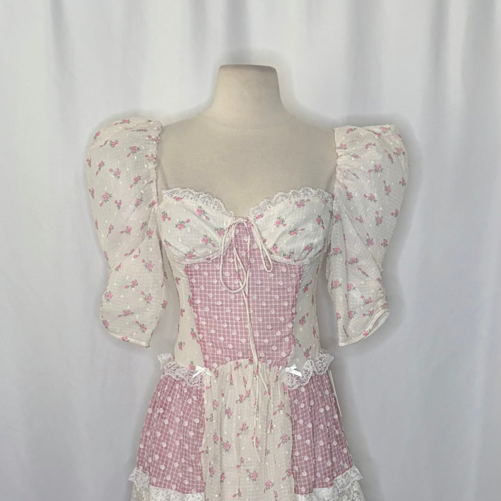 NWT!! FOR LOVE & LEMONS Francine Floral Patchwork Mini Dress Lace Coquette XS