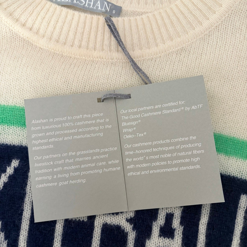 NWT!! ALASHAN Cashmere Pickleball Sweater Pullover Sporty Text Script Small
