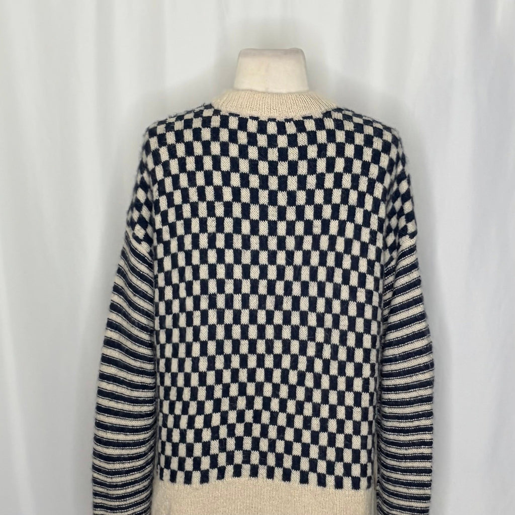 MADEWELL Crewneck Sweater Checked Stripe Classic Indigo Blue Ivory Knit Medium
