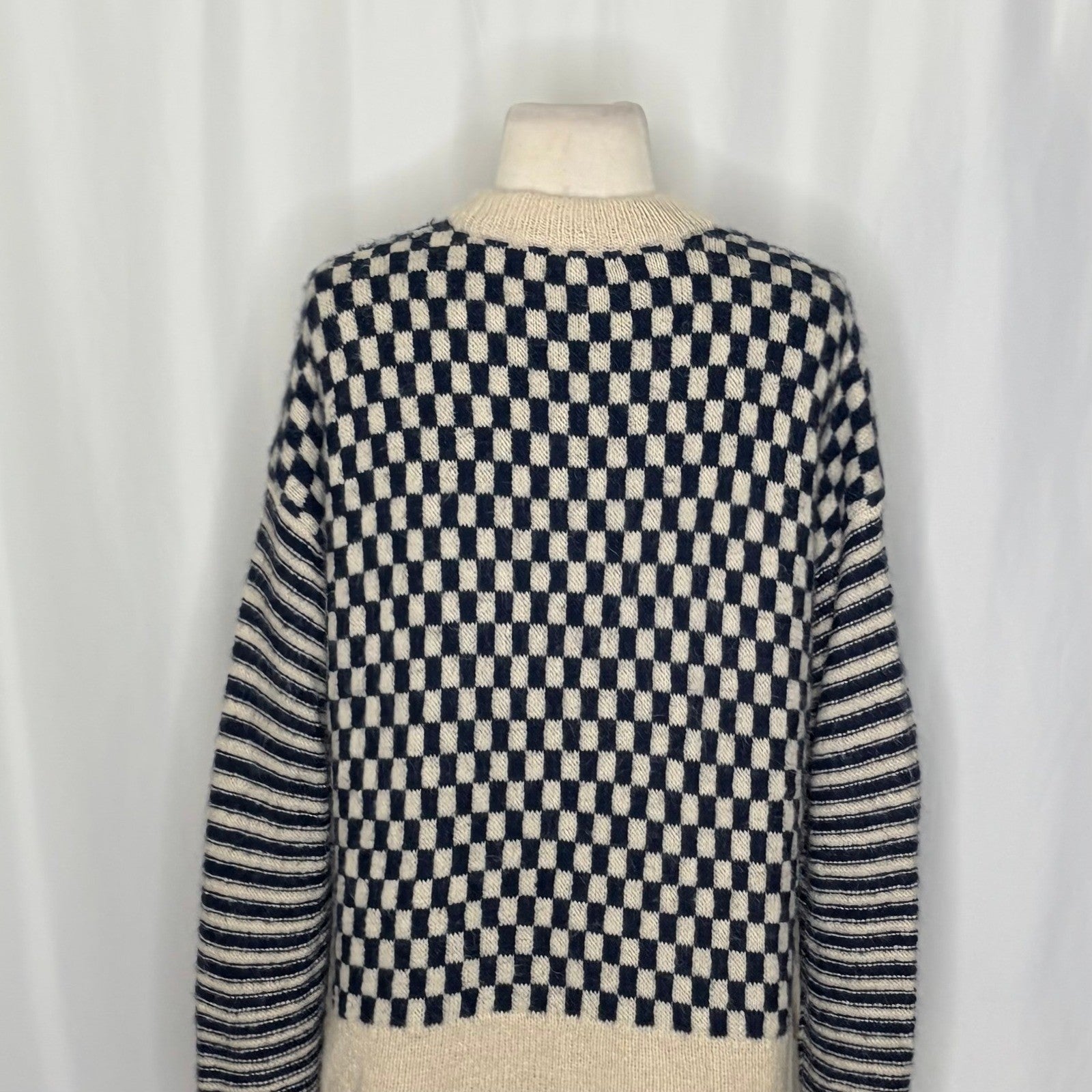 MADEWELL Crewneck Sweater Checked Stripe Classic Indigo Blue Ivory Knit Medium