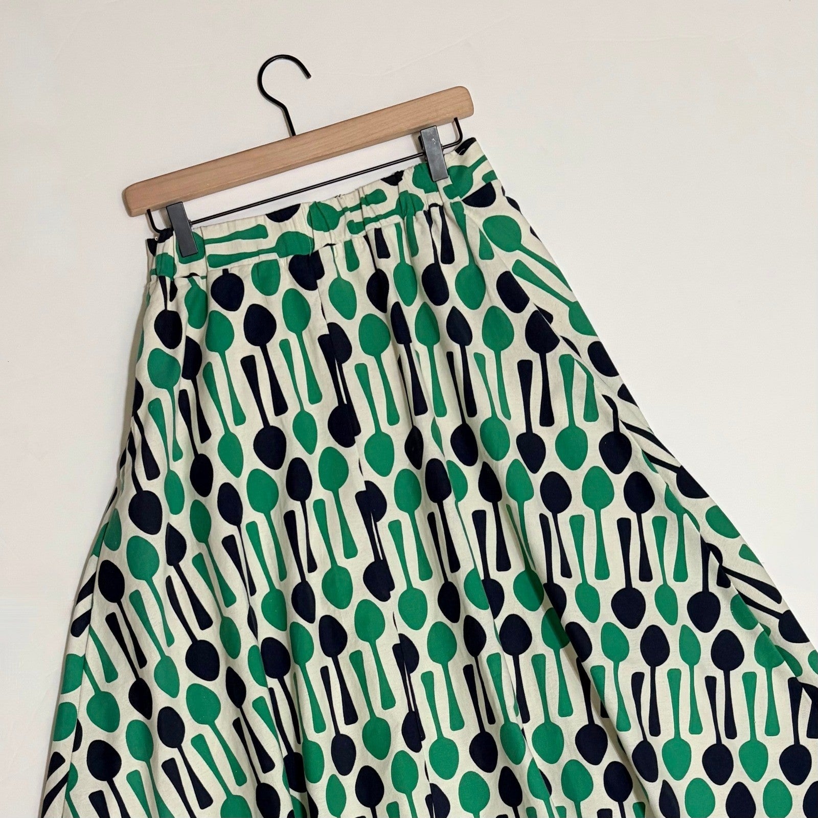 Anthropologie EVA FRANCO Spoons Print Midi Skirt Navy Blue Kelly Green Spoon 8