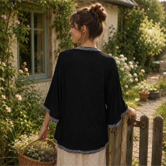 Anthropologie LEIFNOTES Twirled Trim Beaded Kimono Cardigan Sweater Black Small