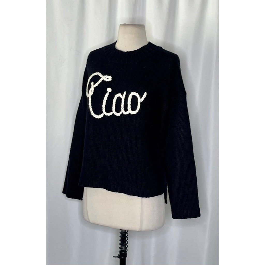 WILDFOX Couture Dinner Party Ciao Bella Black White Embroidered Sweater Small