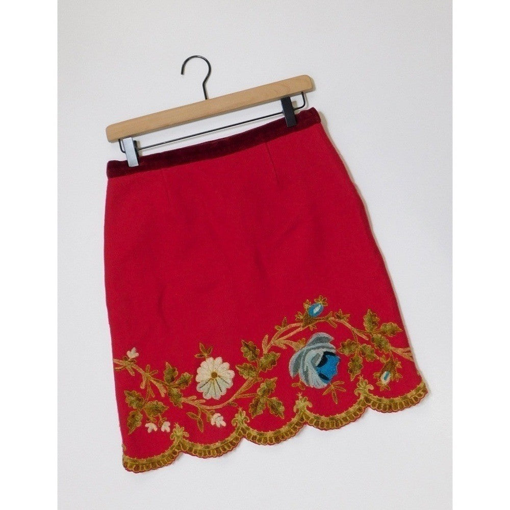 Plenty by TRACY REESE Red Wool Floral Embroidered Appliqued Skirt Size 4