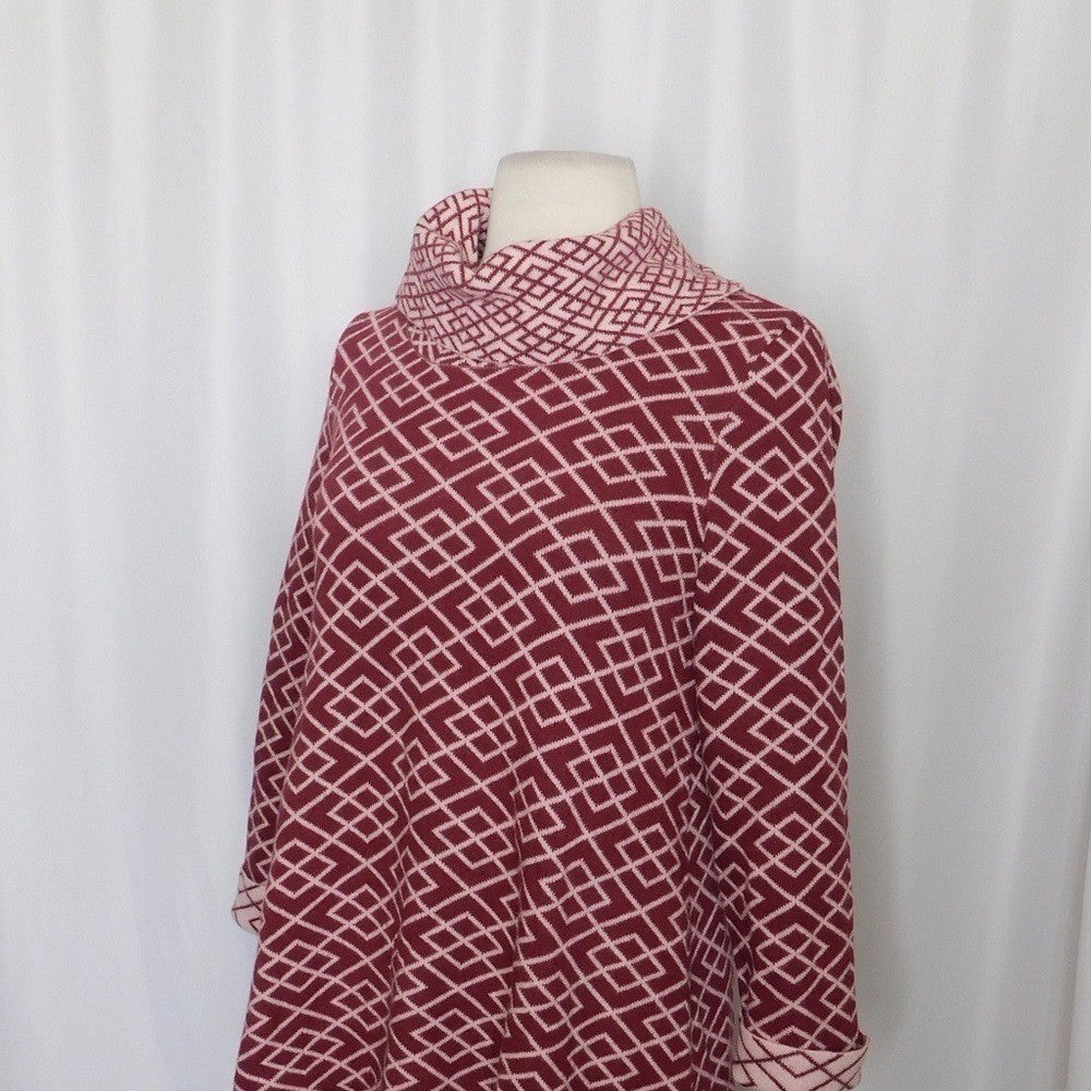 Anthropologie MOTH Galena Cowl Neck Sweater Maroon Pink Jacquard Geometric Small