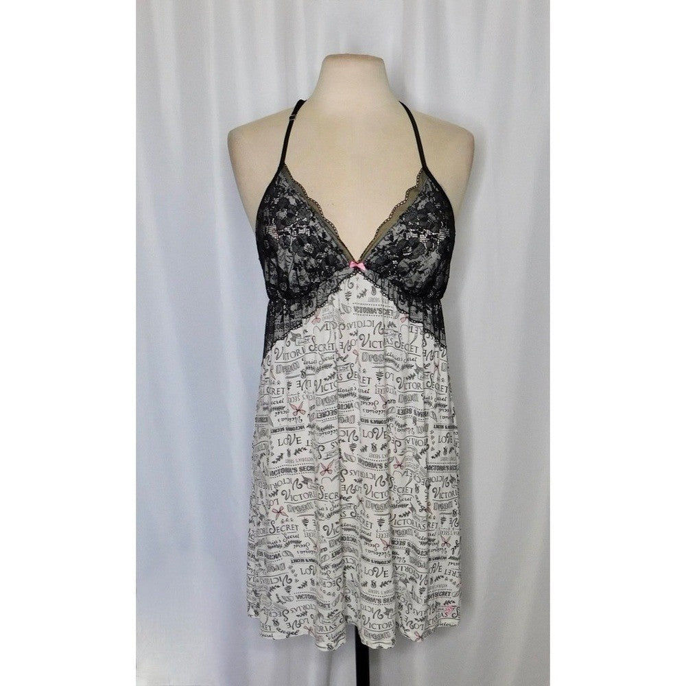 VICTORIA'S SECRET Black Floral Lace Script Print Chemise Gown Nightgown Large