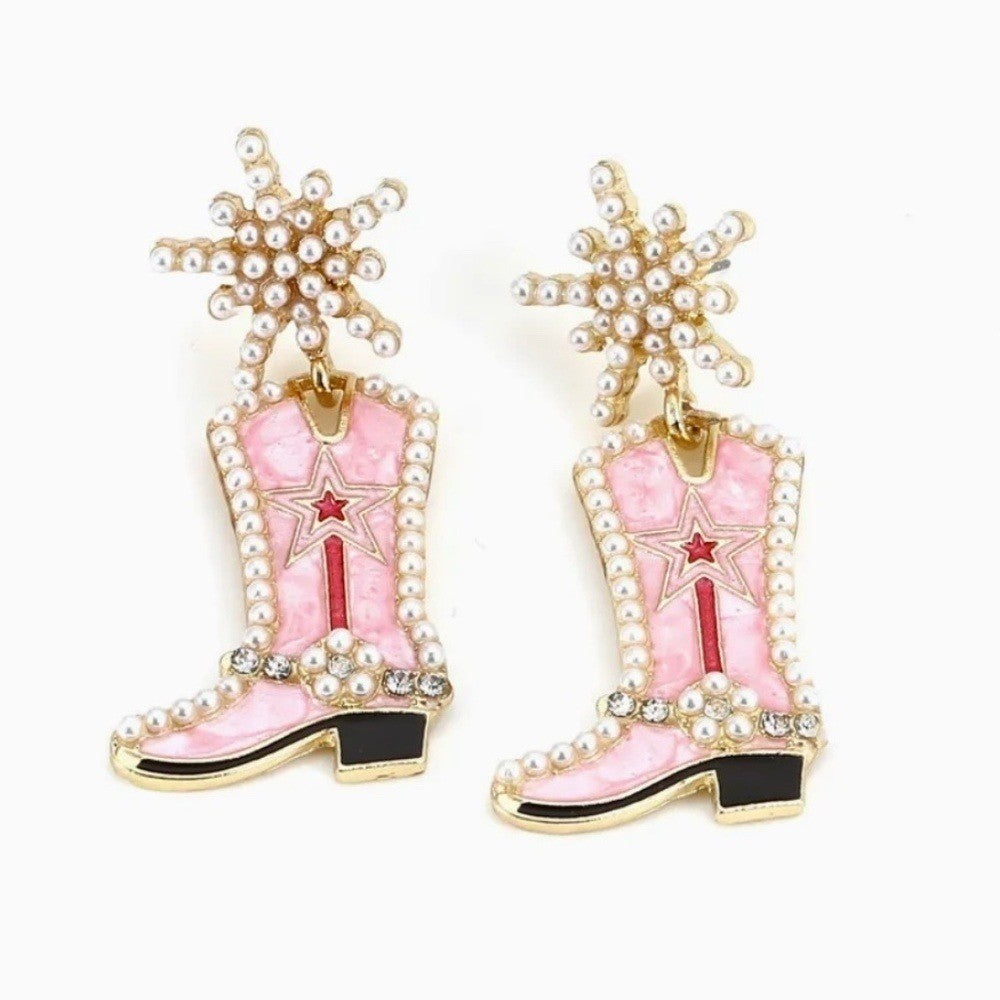 NEW Pink Cowgirl Boots Pearl Embellished Rhinestone Western Bling Glam Earrings