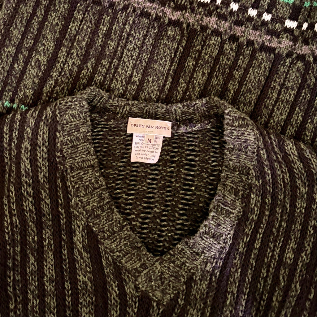 DRIES VAN NOTEN Green Striped Pullover Knit Sweater V Neck Medium