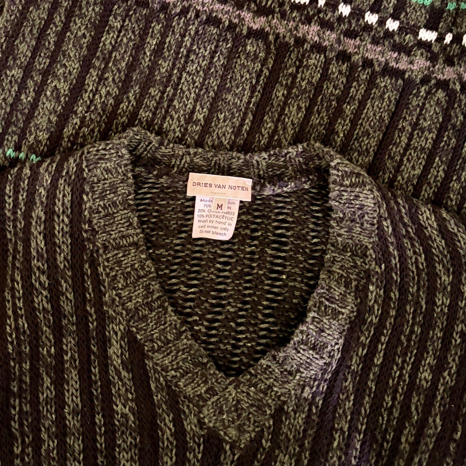 DRIES VAN NOTEN Green Striped Pullover Knit Sweater V Neck Medium
