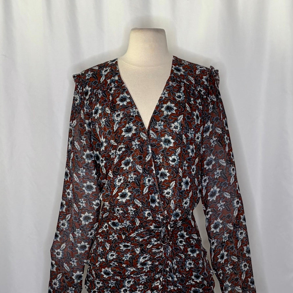 VERONICA BEARD Georgette Silk Floral Anjali Dress Mini Ruched Ruffles Clay 8