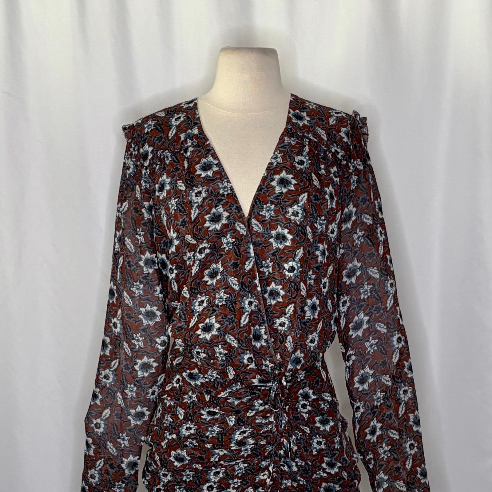 VERONICA BEARD Georgette Silk Floral Anjali Dress Mini Ruched Ruffles Clay 8