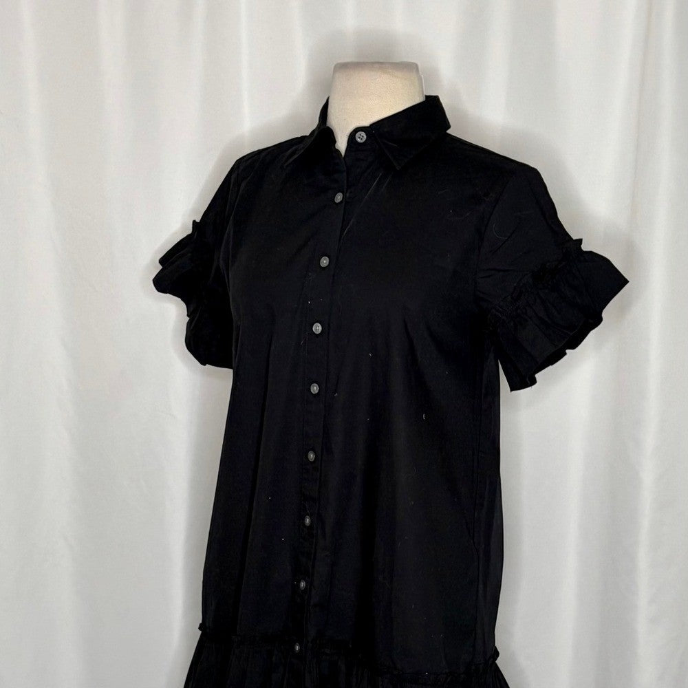 NWT!! J. CREW Factory Ruffle Sleeve Mini Shirtdress Solid Black 2P 2 Petite